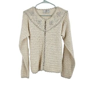Vintage Peruvian Connection Cardigan Sweater Cream Embroidered Handmade Grandma